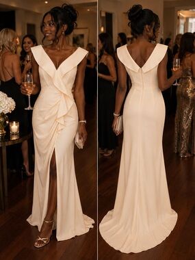 TFNC Cream V-Neck Ruffle Front Maxi Gown